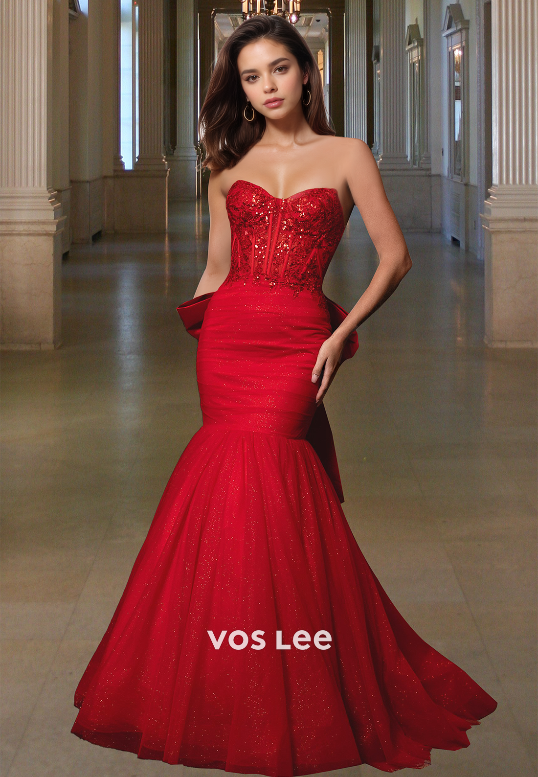 Sparkle Mermaid Evening Dress Chic Applique Strapless Bow Formal Party Gown