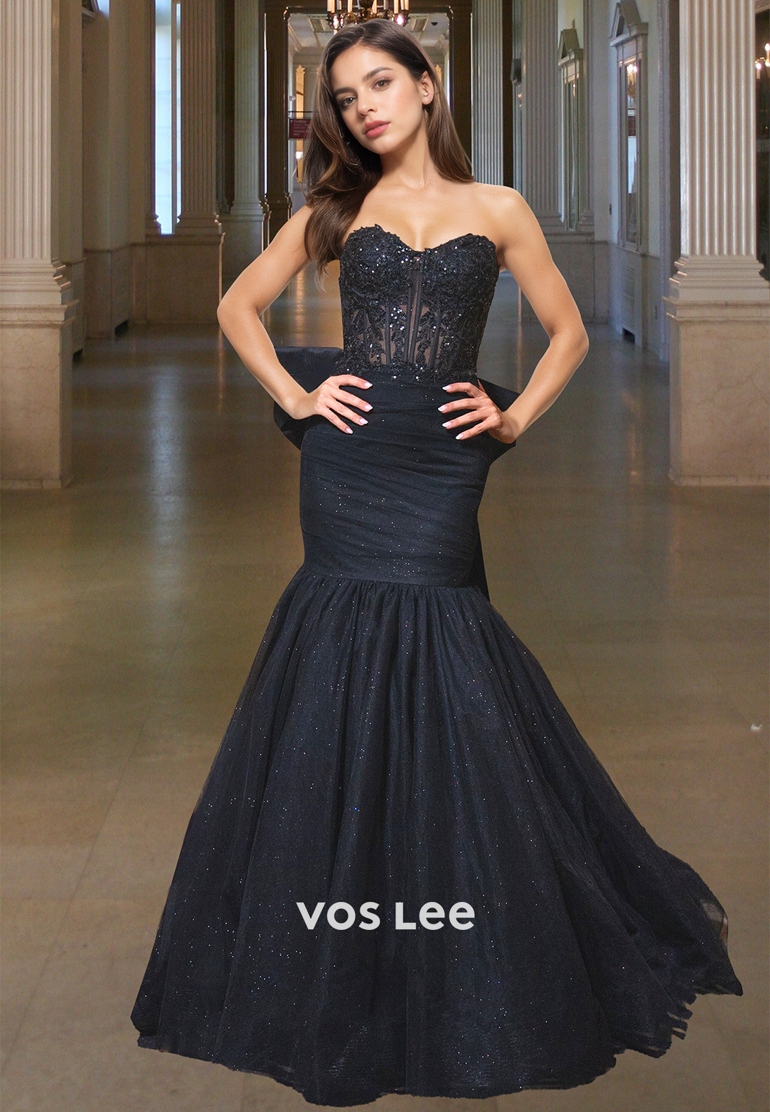Sparkle Mermaid Evening Dress Chic Applique Strapless Bow Formal Party Gown