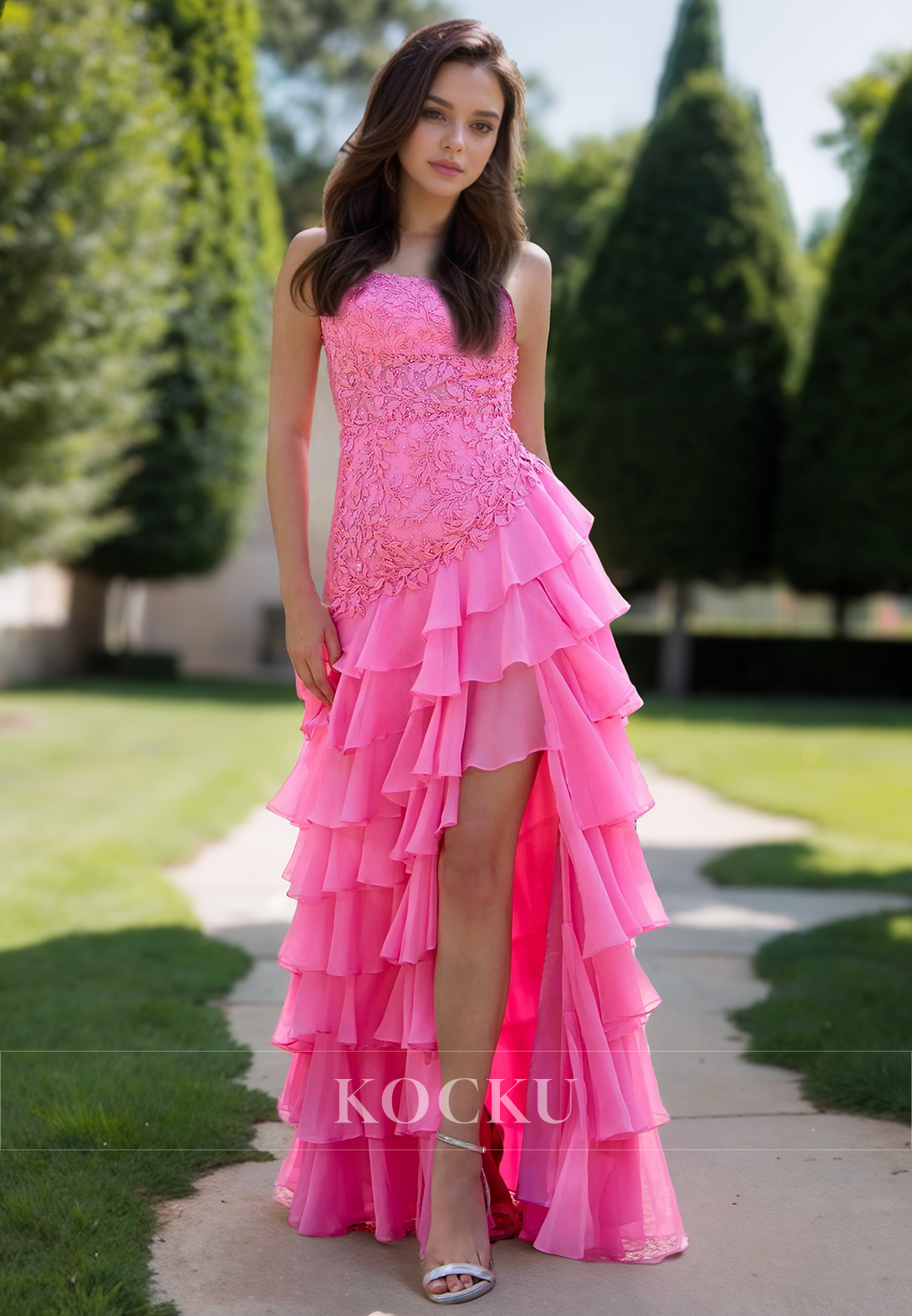 Pink Beaded Tiered Lace Sheath Party Gowns Spaghetti Straps High Slit Prom Dress with Appliques
