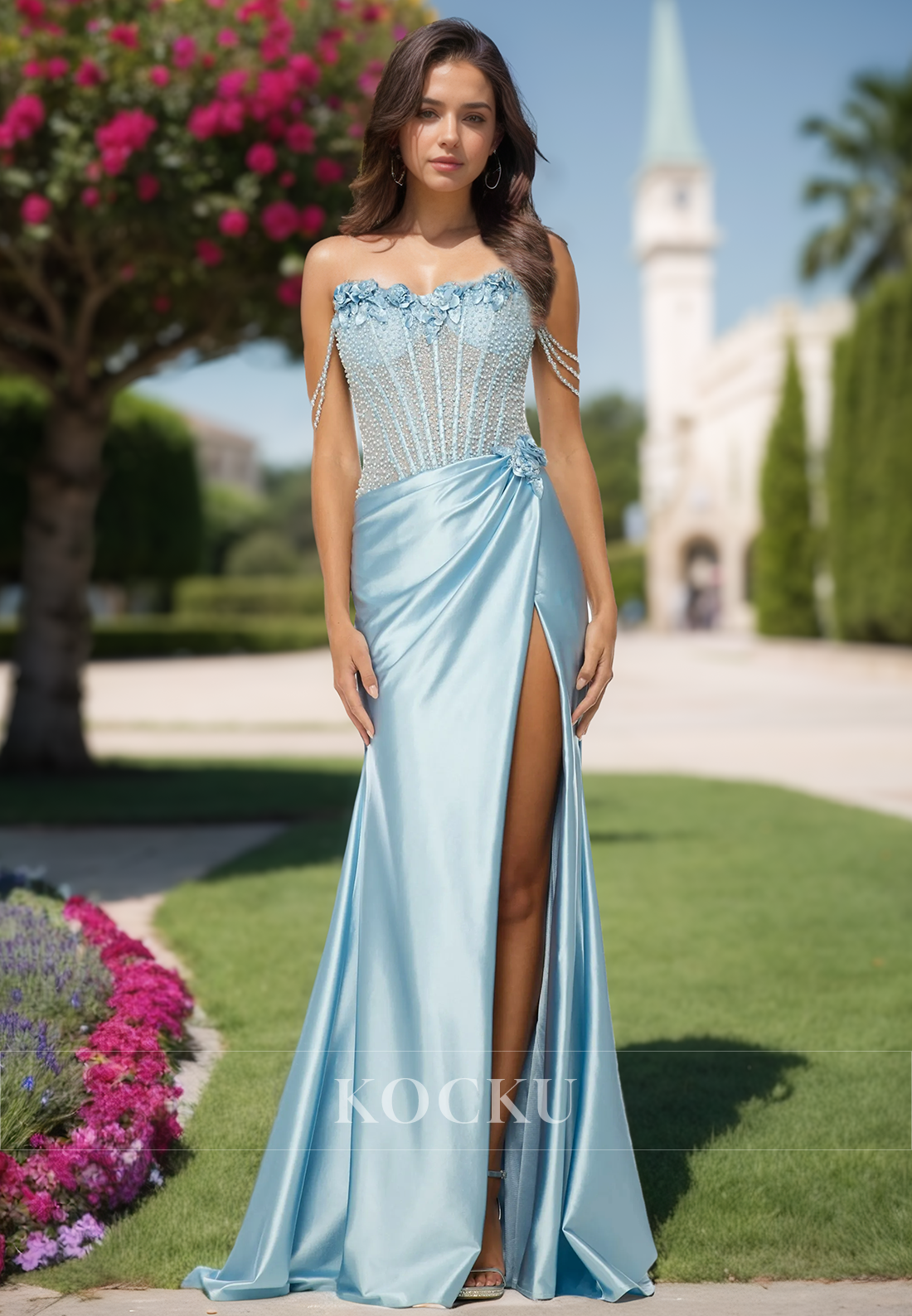 Sky Blue Chic Strapless Sheath Satin Floral Holiday Dress High Slit Long Party Gown with Beads