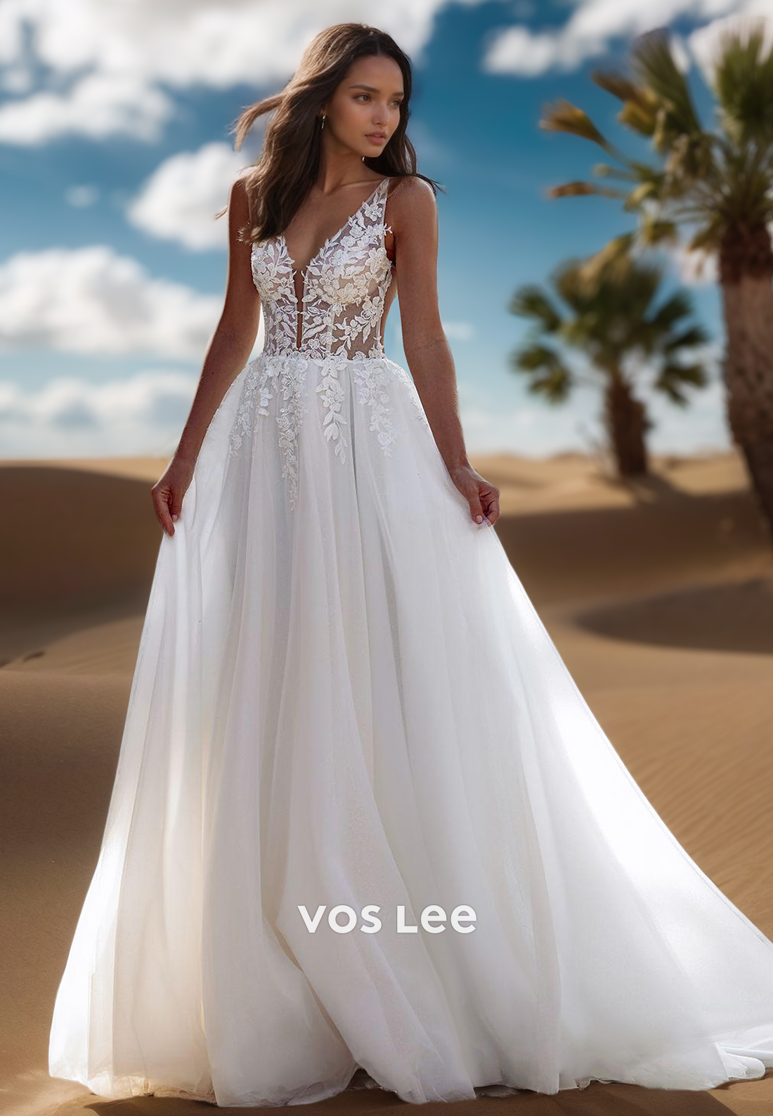 A-Line Deep V-Neck Lace Applique Couture Wedding Dresses with Train
