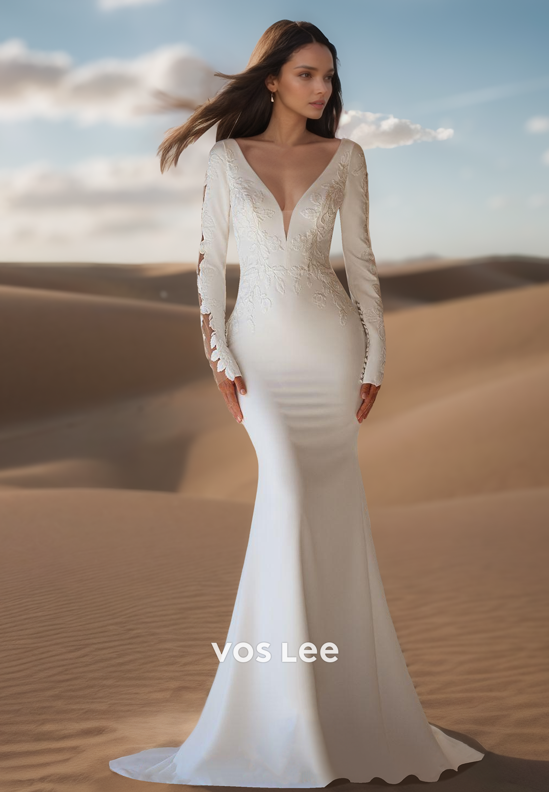 Long Sleeves Simple Low V Neck Mermaid Beach Wedding Dresses With Sweep Train