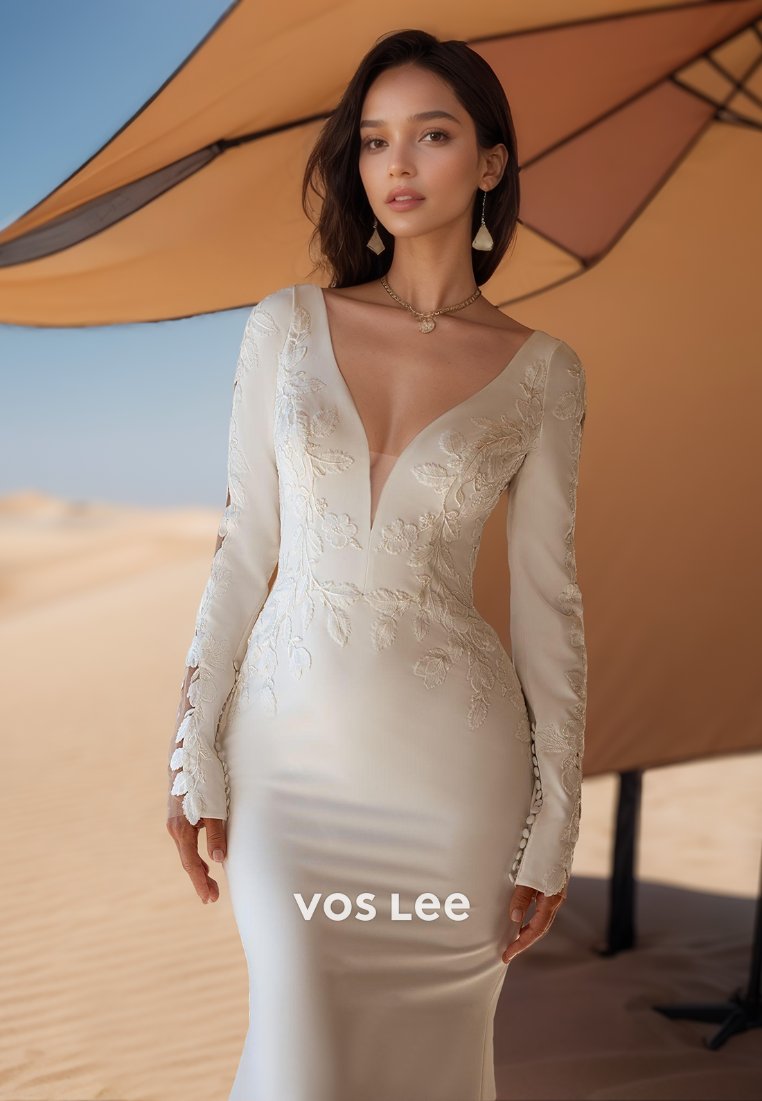 Long Sleeves Simple Low V Neck Mermaid Beach Wedding Dresses With Sweep Train