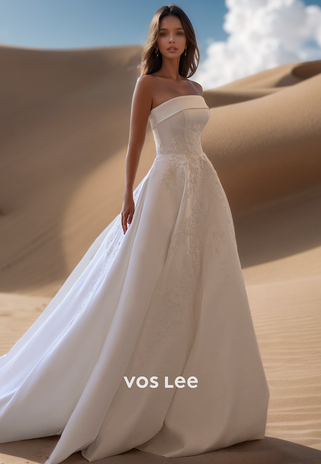 A-Line Tube Top Floral Embroidered Couture Wedding Dresses with Train