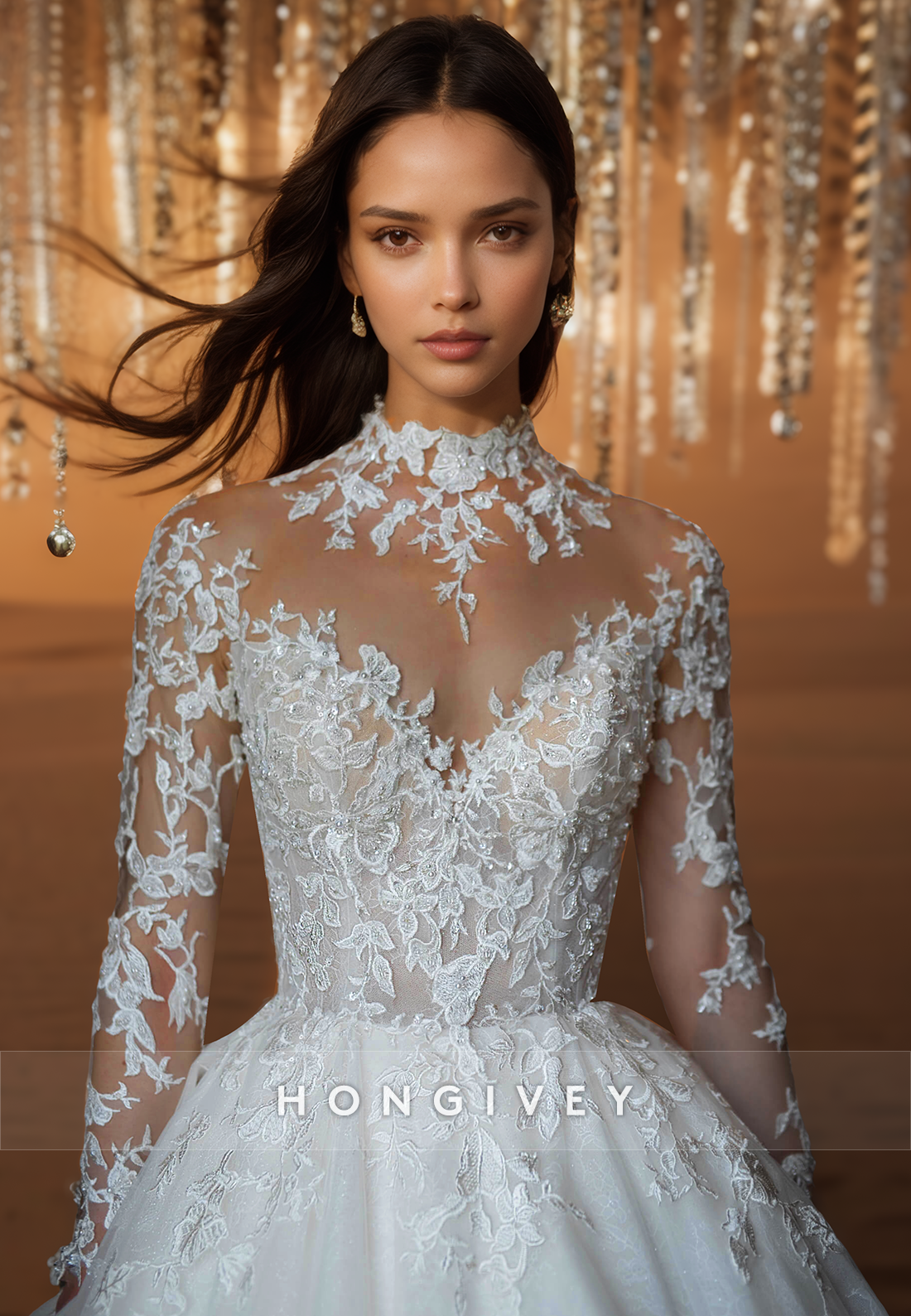 High-Neck Long-Sleeves Sheer Pleated A-Line Wedding Dress Beaded Sequined Applique Bride Gowns