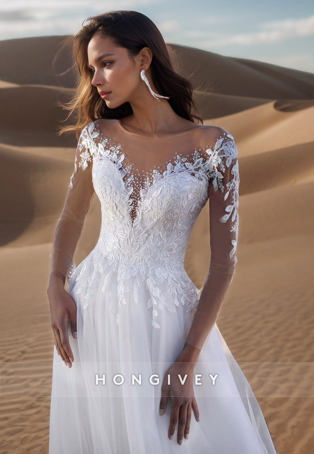 V-Neck Sheer-Long-Sleeves Tulle A-Line Wedding Dress Beaded Applique Pleated Bride Gowns