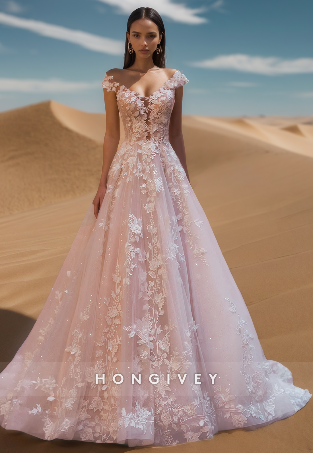 V-Neck Off-Shoulder Sleeveless A-Line Wedding Dress Beaded Applique Pleated Tulle Bride Gowns