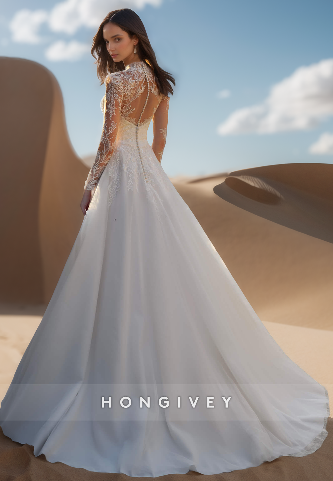 A-Line V-Neck Long Sleeves Lace appliques Beach Wedding Dresses