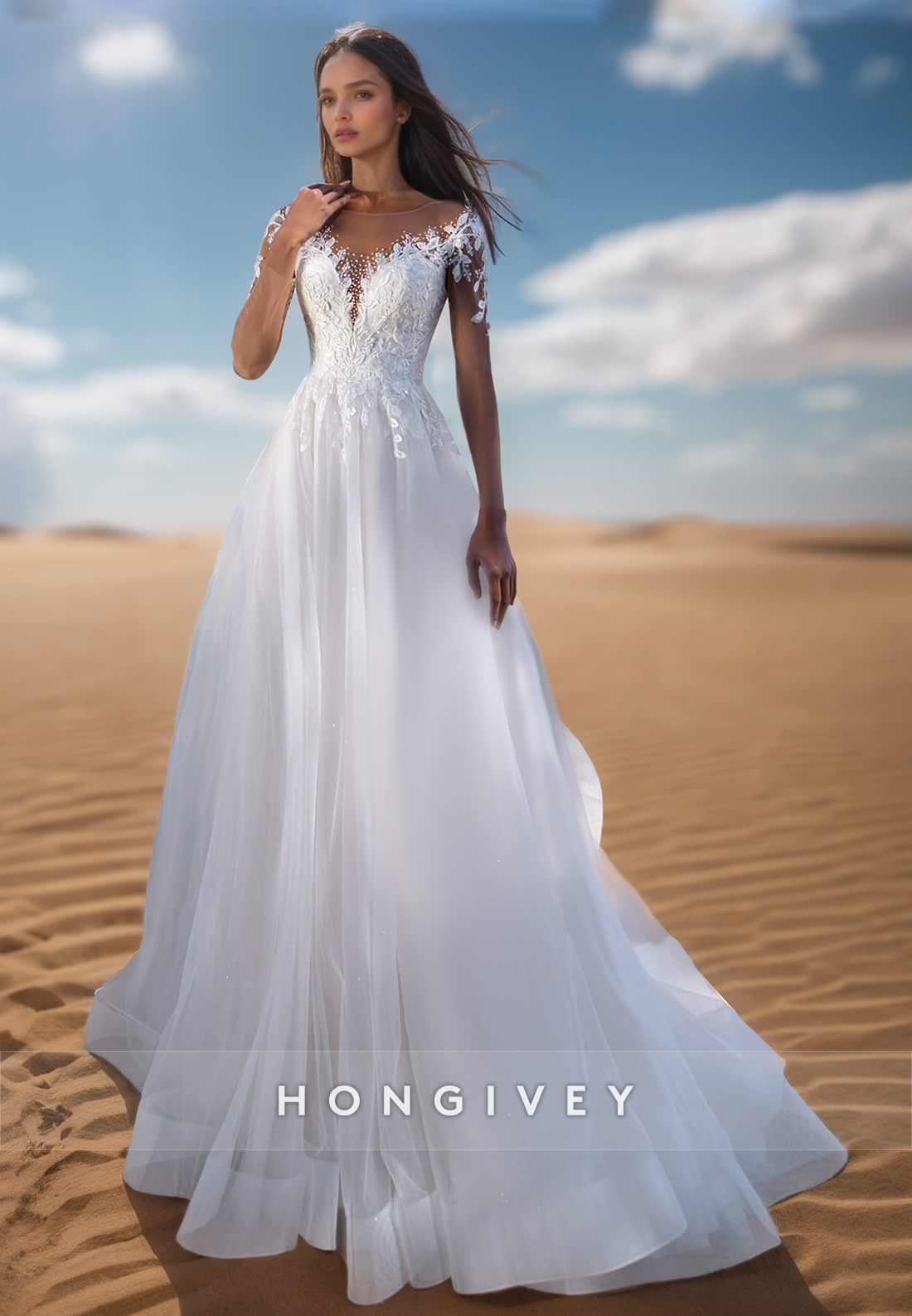 V-Neck Sheer-Long-Sleeves Tulle A-Line Wedding Dress Beaded Applique Pleated Bride Gowns
