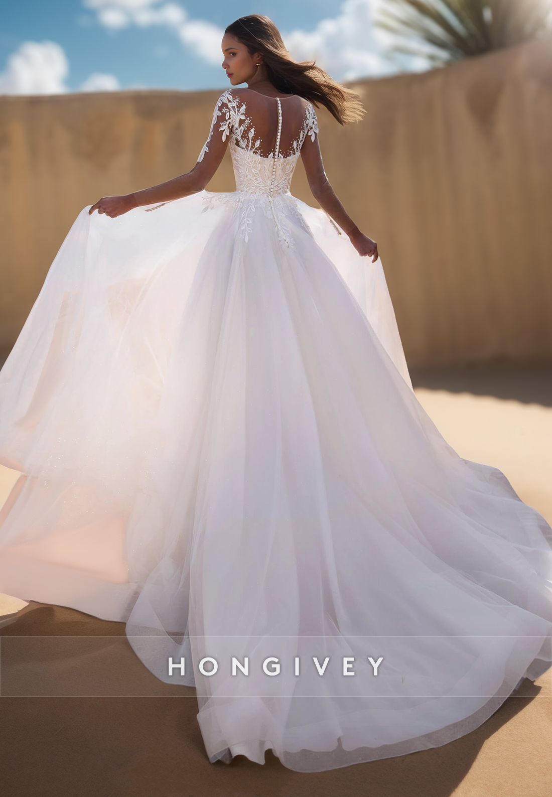 V-Neck Sheer-Long-Sleeves Tulle A-Line Wedding Dress Beaded Applique Pleated Bride Gowns