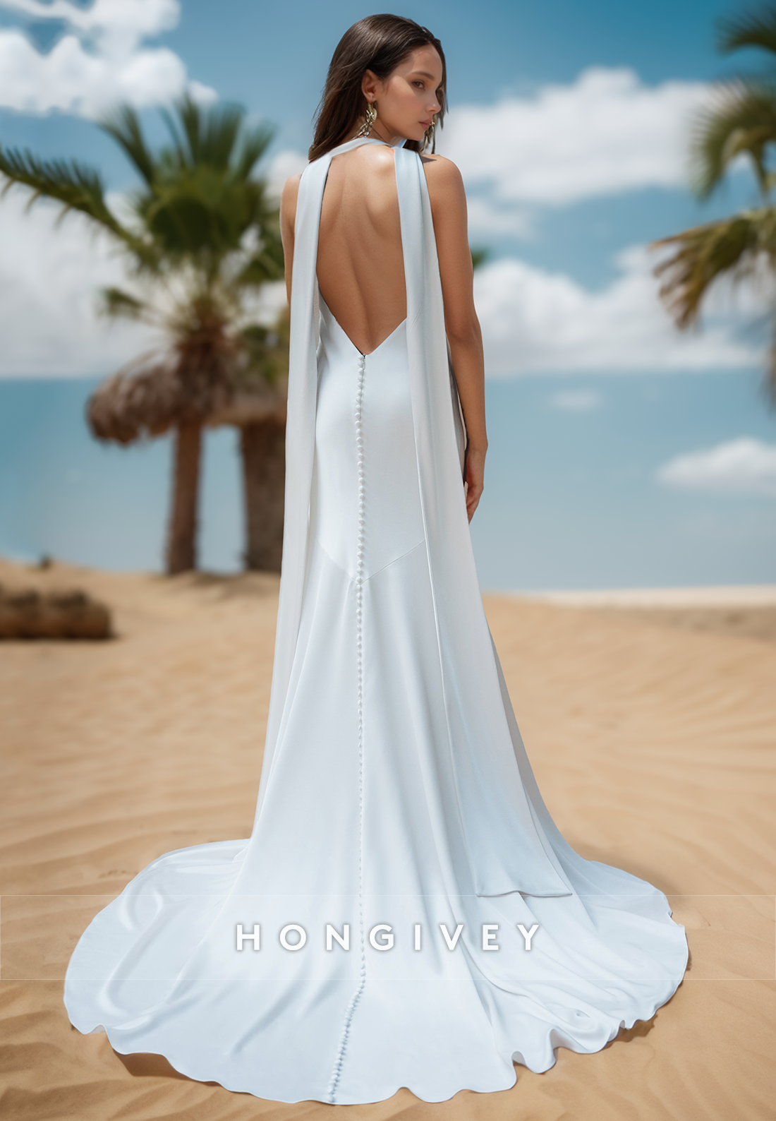 V-Neck Halter Button Beach Mermaid Wedding  Dresses with Brush Train
