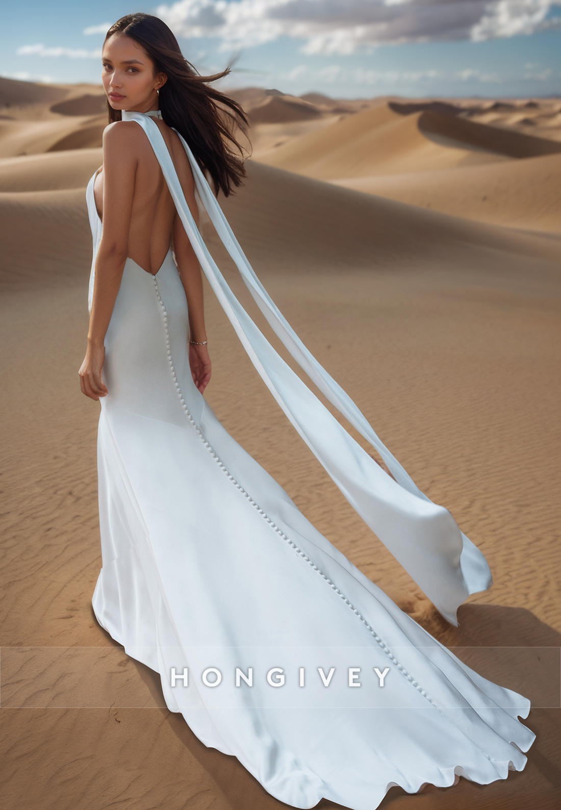 V-Neck Halter Button Beach Mermaid Wedding  Dresses with Brush Train