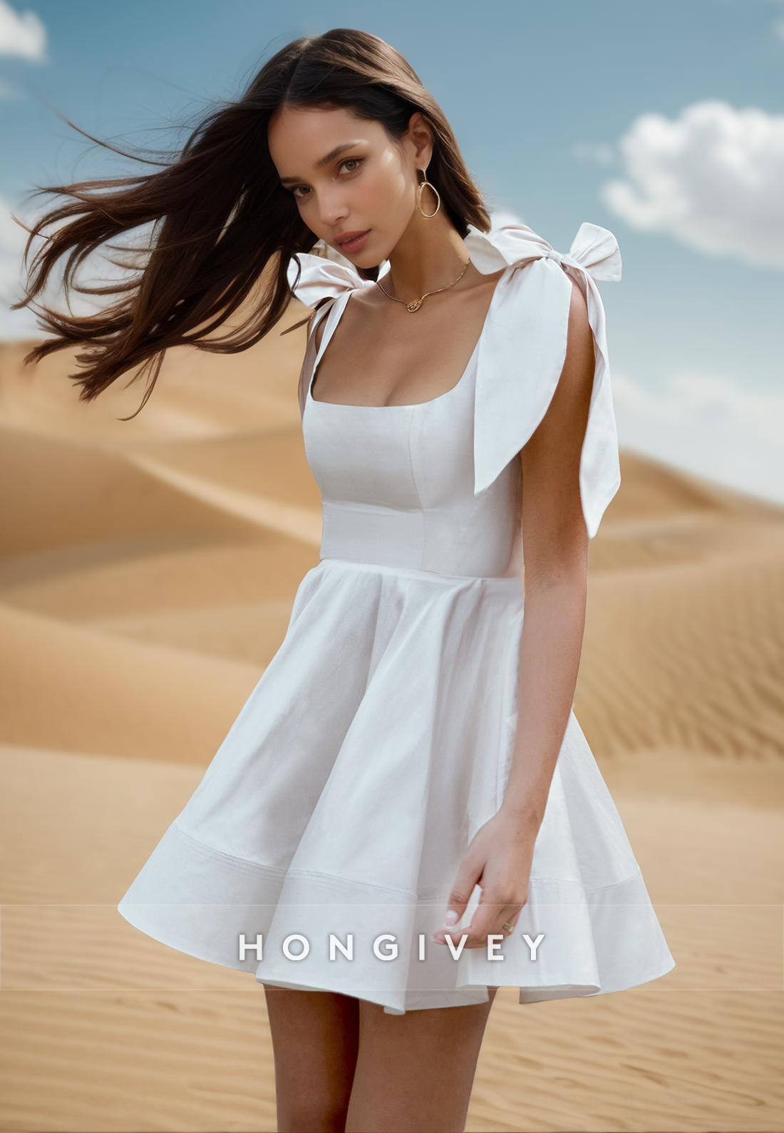 A-Line Bowknot Square Sleek Mini Beach Wedding Dresses