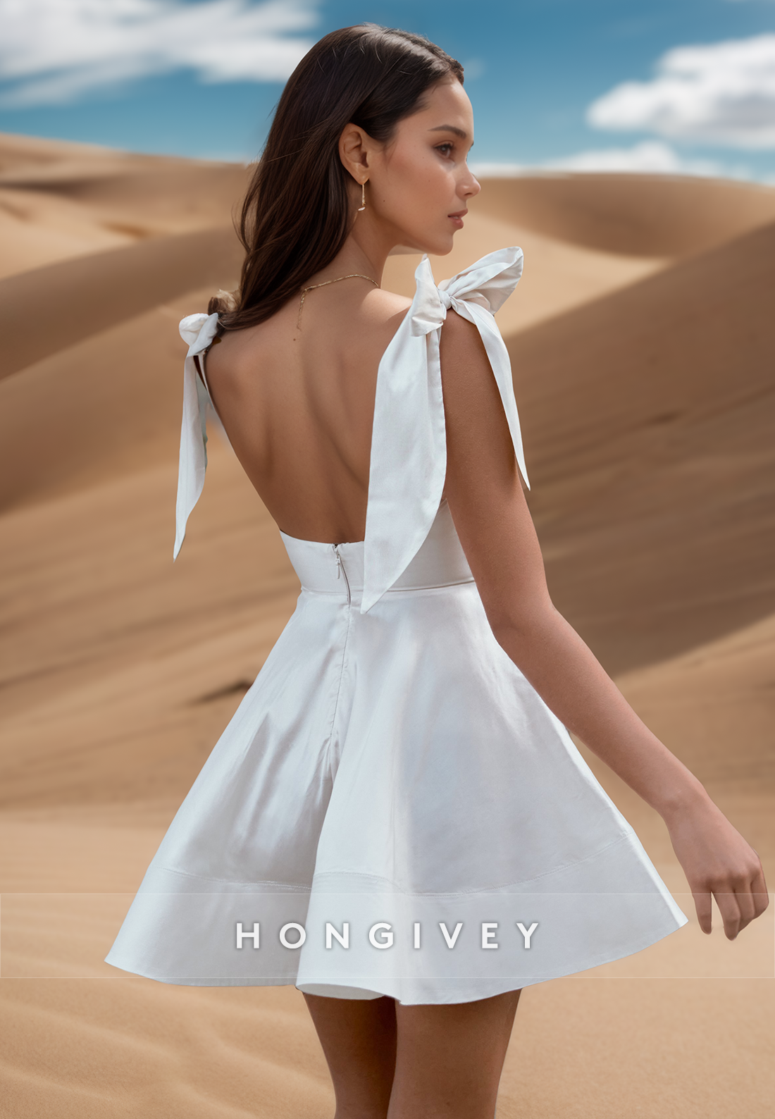 A-Line Bowknot Square Sleek Mini Beach Wedding Dresses