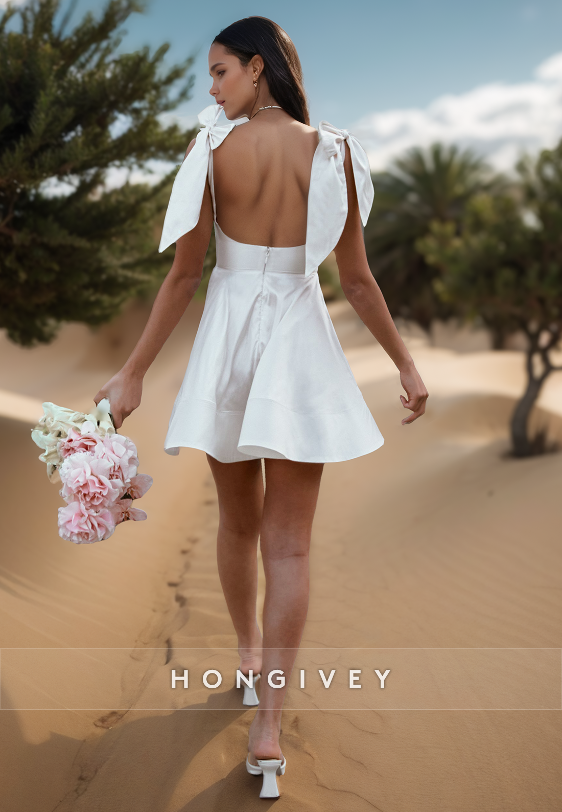 A-Line Bowknot Square Sleek Mini Beach Wedding Dresses