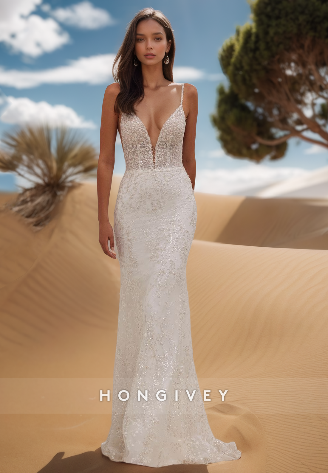 Deep V-Neck Beaded Lace Ornate  Wedding Dresses With Tulle Train