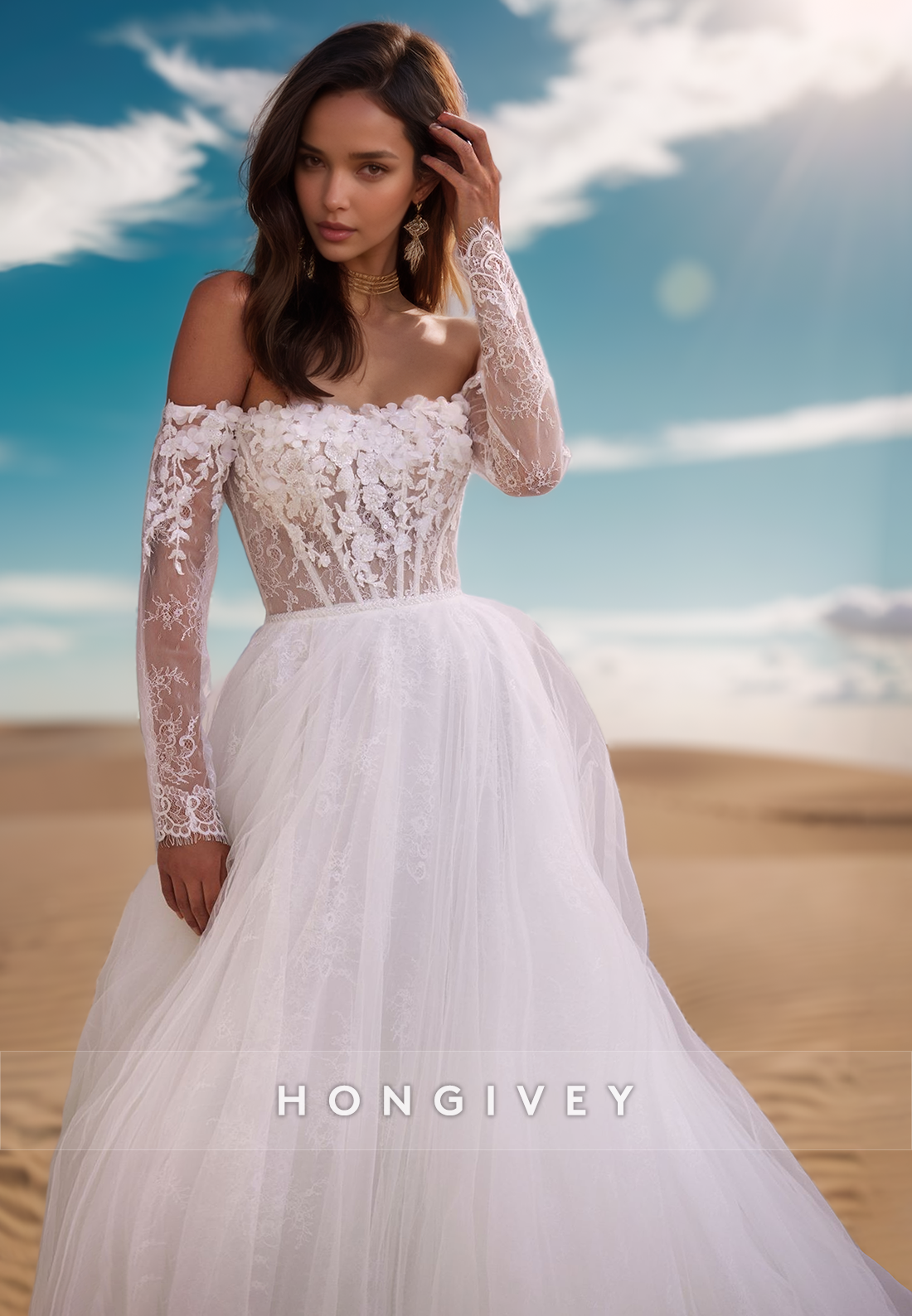 A-Line Long Sleeve Bodice Floral Lace Couture Wedding Dresses With Train