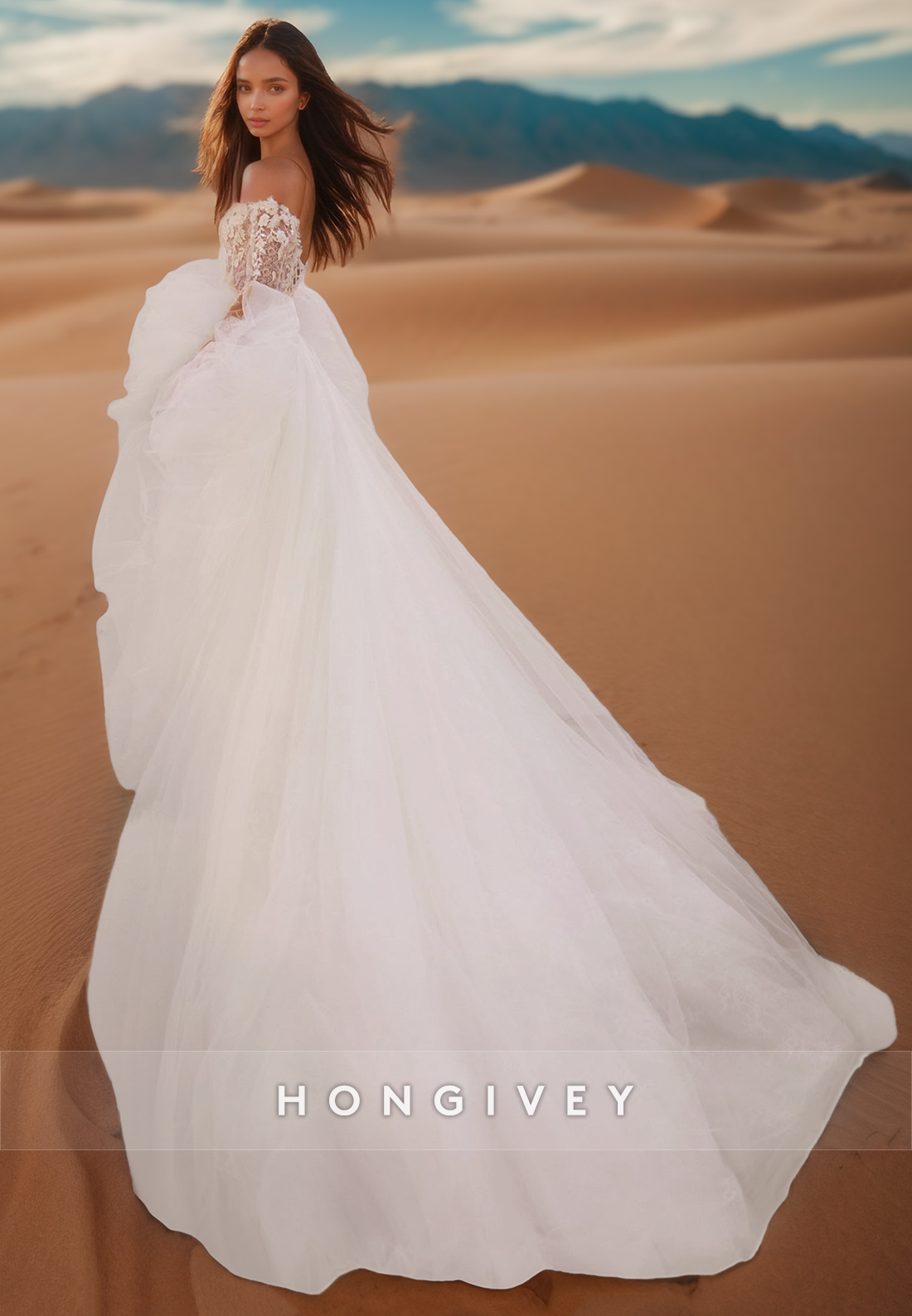 A-Line Long Sleeve Bodice Floral Lace Couture Wedding Dresses With Train