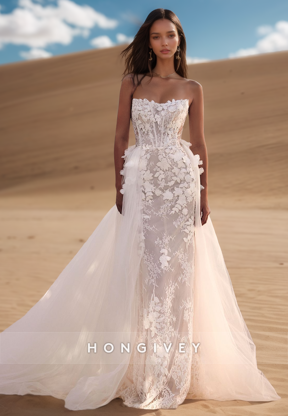 Tube Top Floral Lace Applique Sexy  Wedding Dresses With Detachable train