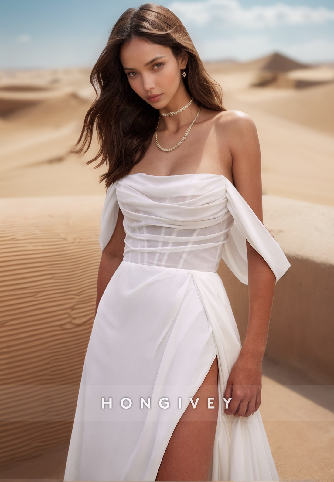A-Line Sheer Pleats Simple Beach Wedding Dresses With Side Slit