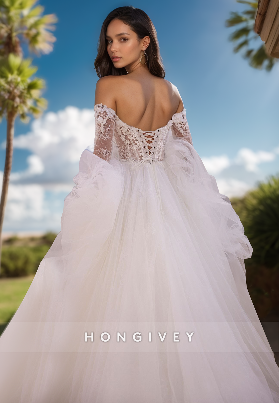 A-Line Long Sleeve Bodice Floral Lace Couture Wedding Dresses With Train
