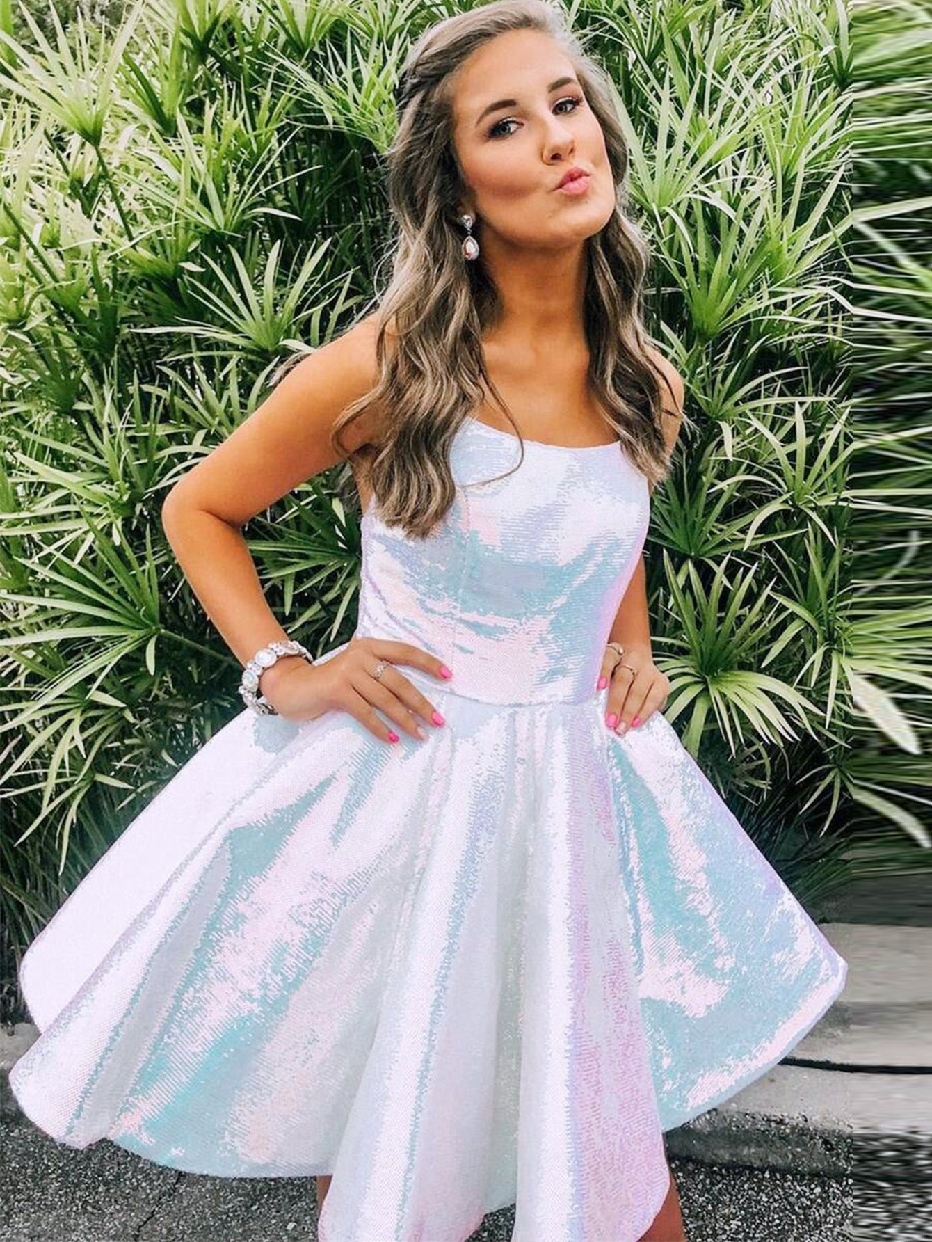 White A-Line Shiny Short Mini Simple Homecoming Dress - Fashionpara