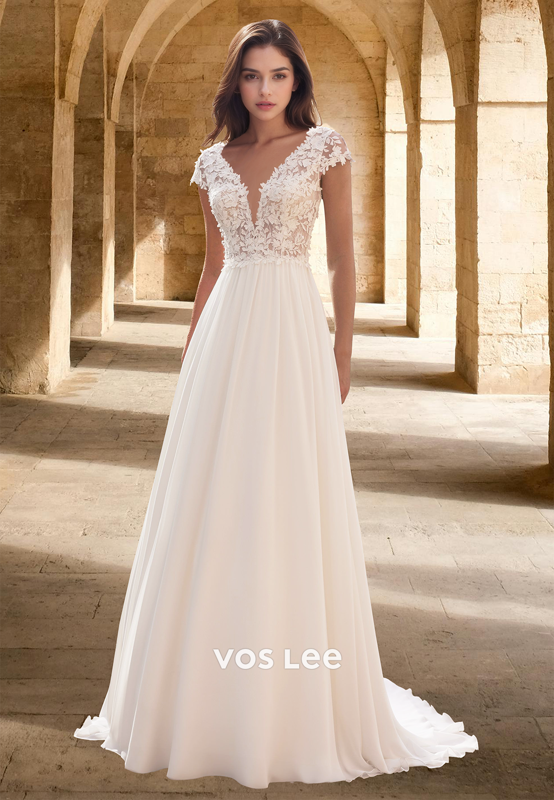 Lace Applique Short Sleeves A-Line with Train Beach Bridal Wedding Dress