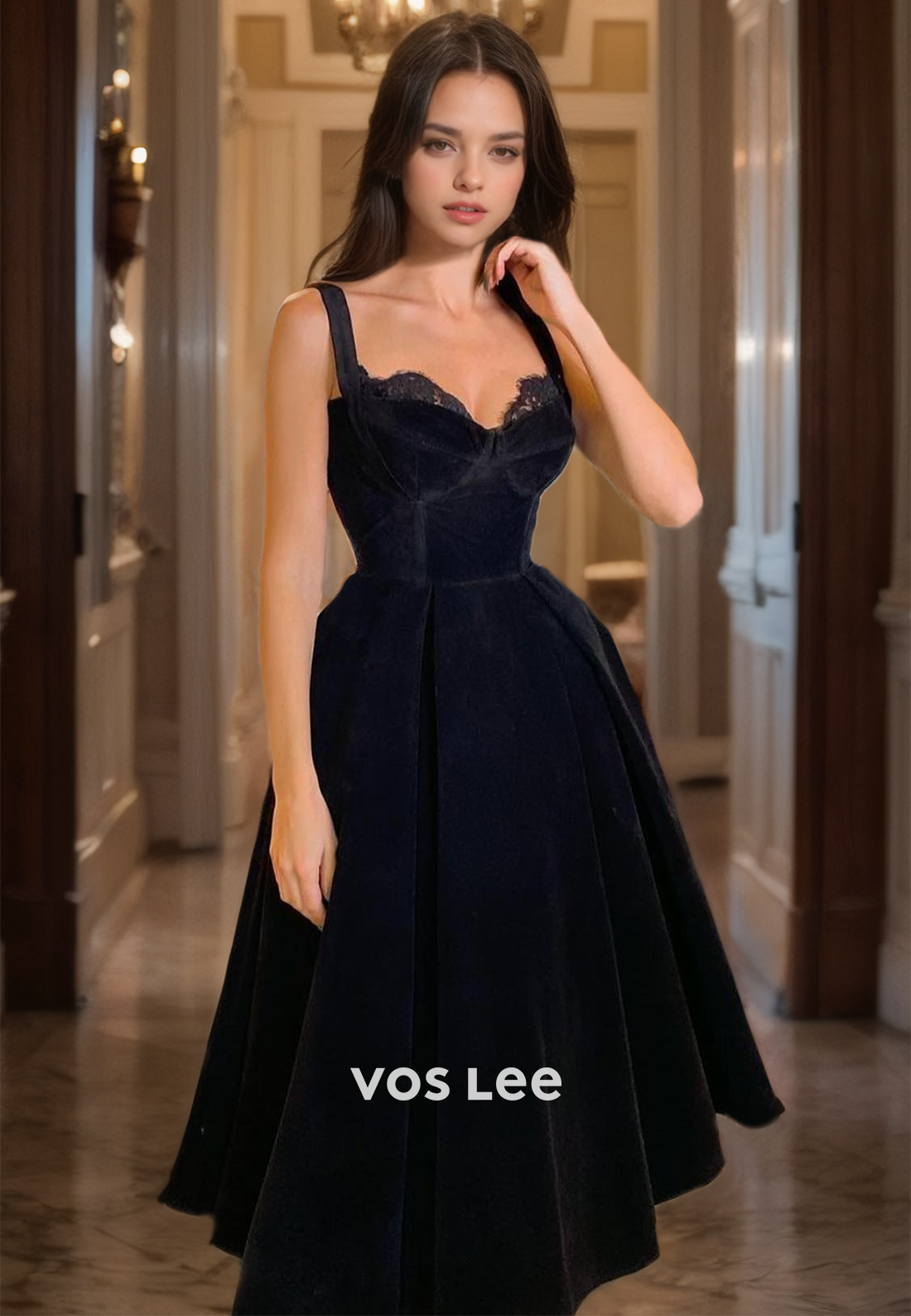 A-Line Elegant Velour Sweetheart Prom Gown Tea Length Spaghetti Straps Evening Party Dress