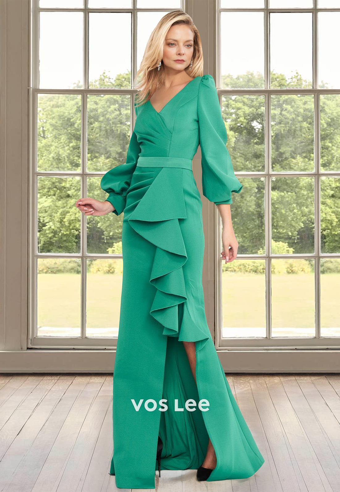 Modest A-Line V Neck Sweep Train Side Split Ruffled Satin Mother of the Party Dress