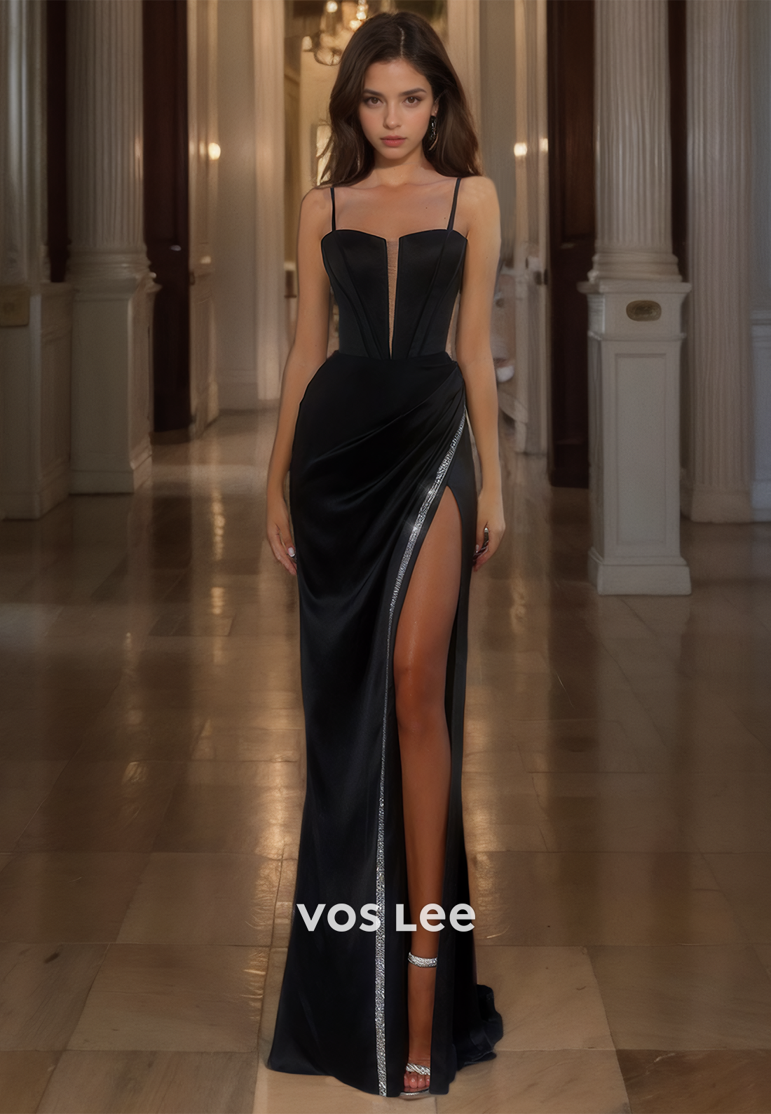 Black Satin Elegant Spaghetti Straps Prom Gown with High Slit Sexy Floor Length Sweetheart Party Dress