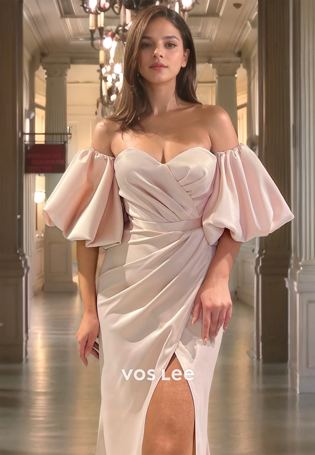 Baby Pink Sweetheart Eleagnt Prom Dress Off Shoulder Pleated Night Party Dresses with Slit