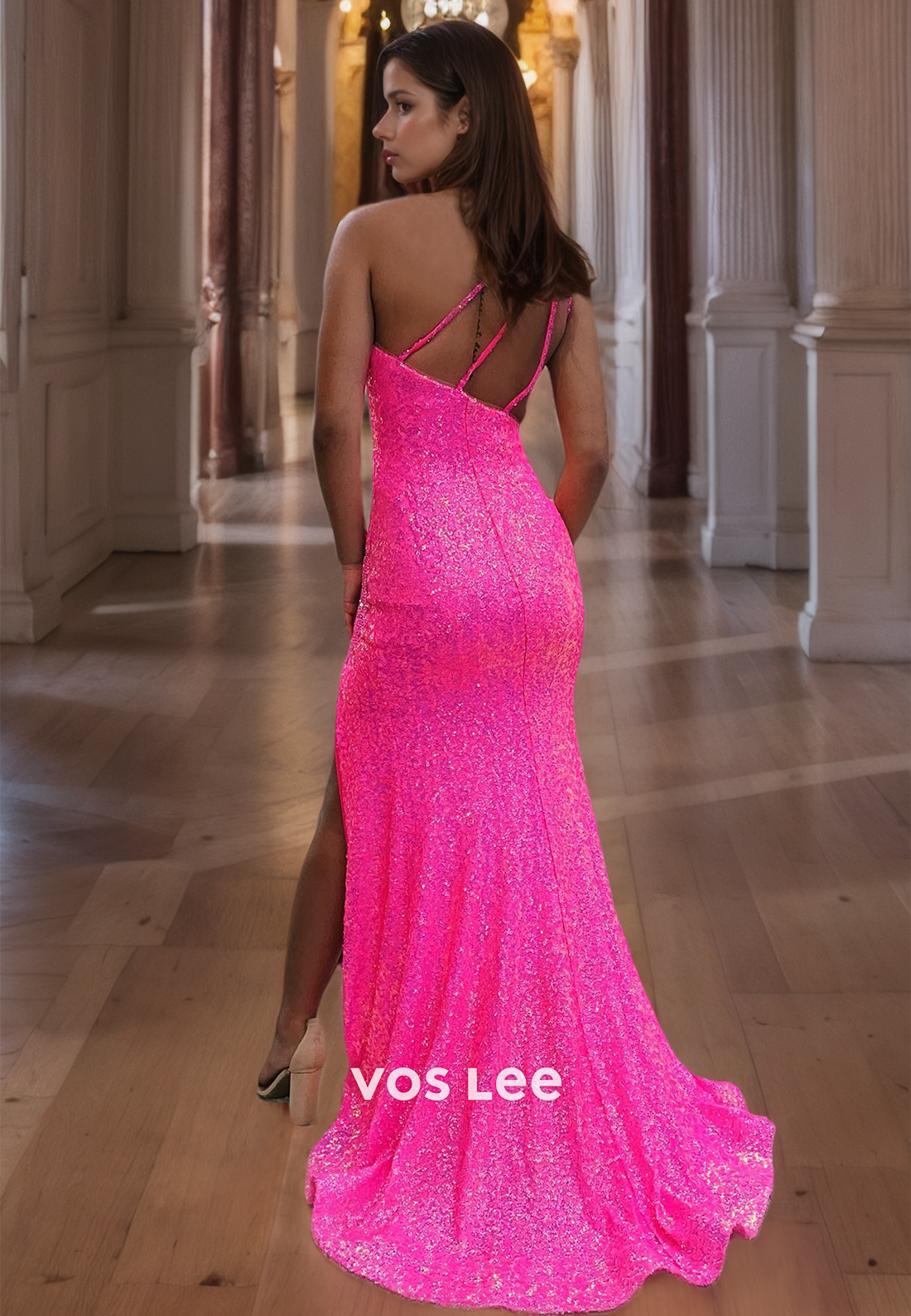 Sparkly Sequins One Shoulder Tassel Prom Dress Backless Cocktail Party Dresses with Slit