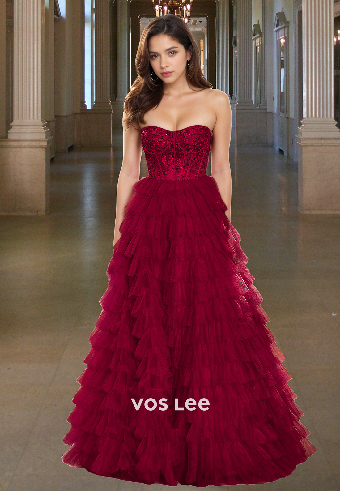 Charming A-Line Sweetheart Sleeveless Lace Tiered Tulle Prom Formal Dress
