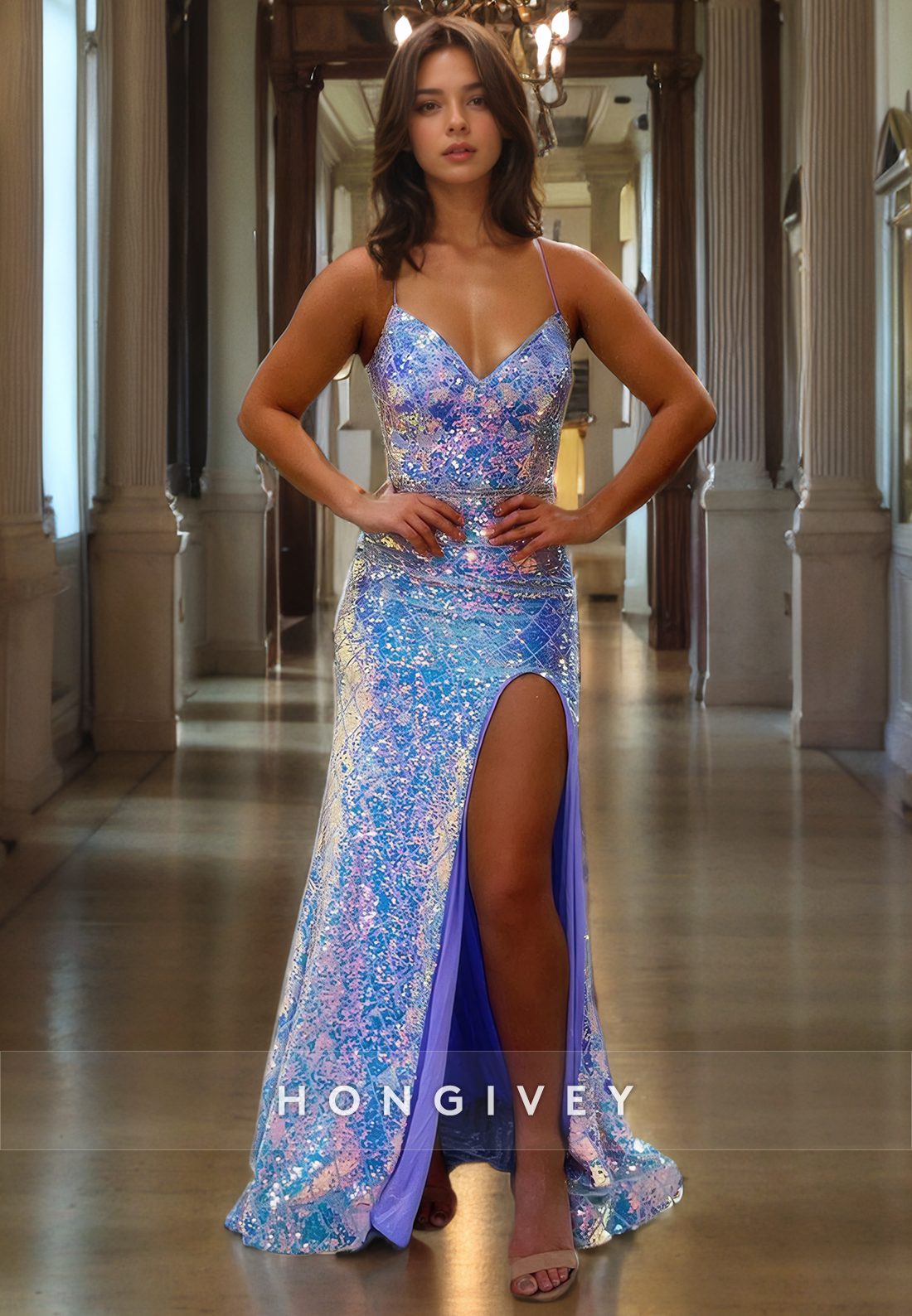 L1187 - Sparkly Fully Sequined Lace-Up Back With Train And Slit Evening Formal Party Prom Dress