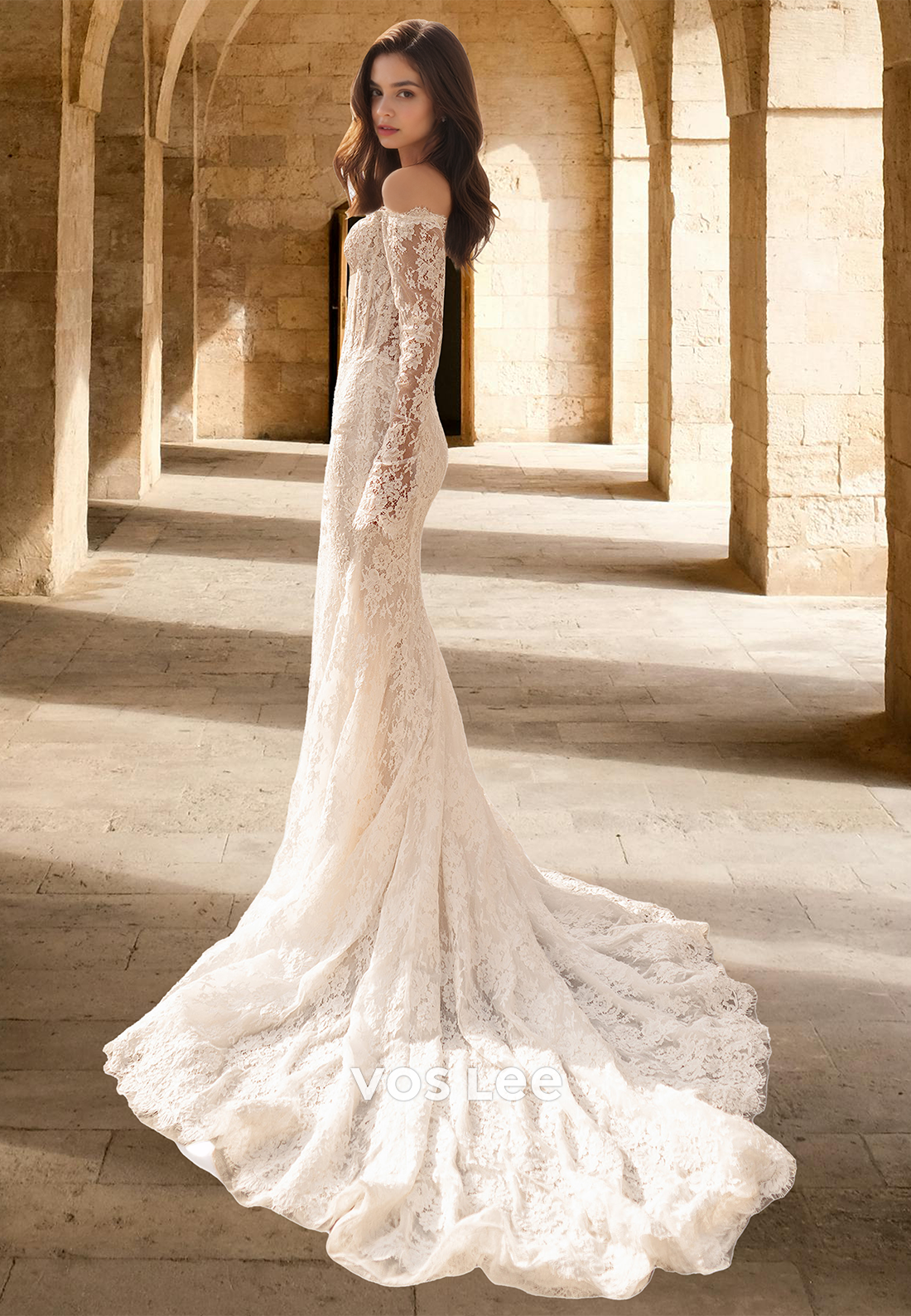 Luxury Mermaid Off Shoulder Long Sleeves Lace Appliques Wedding Bride Dress