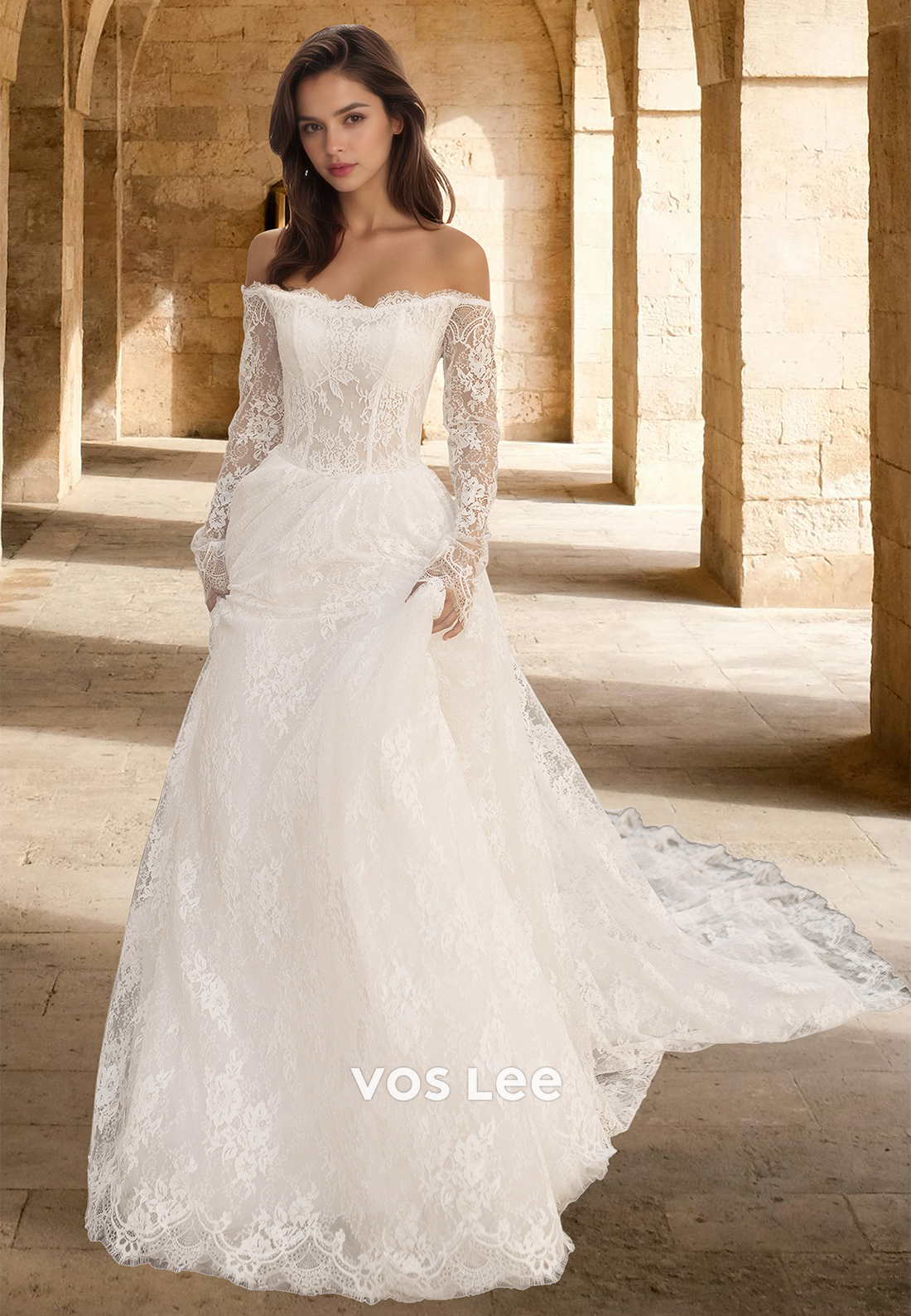 Graceful A-line Off Shoulder Court Train Long Sleeves Lace Draped Wedding Gown
