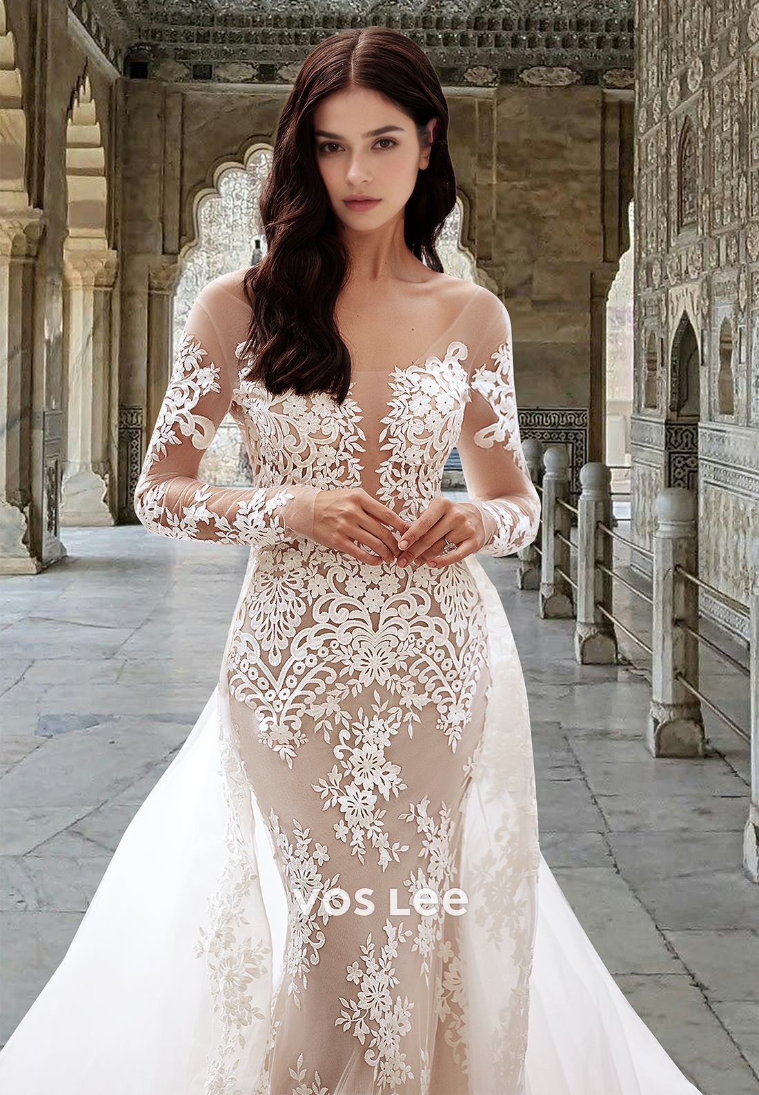 Vintage Mermaid/Trumpet Square Neck Long Sleeves Ruched Lace Wedding Dress