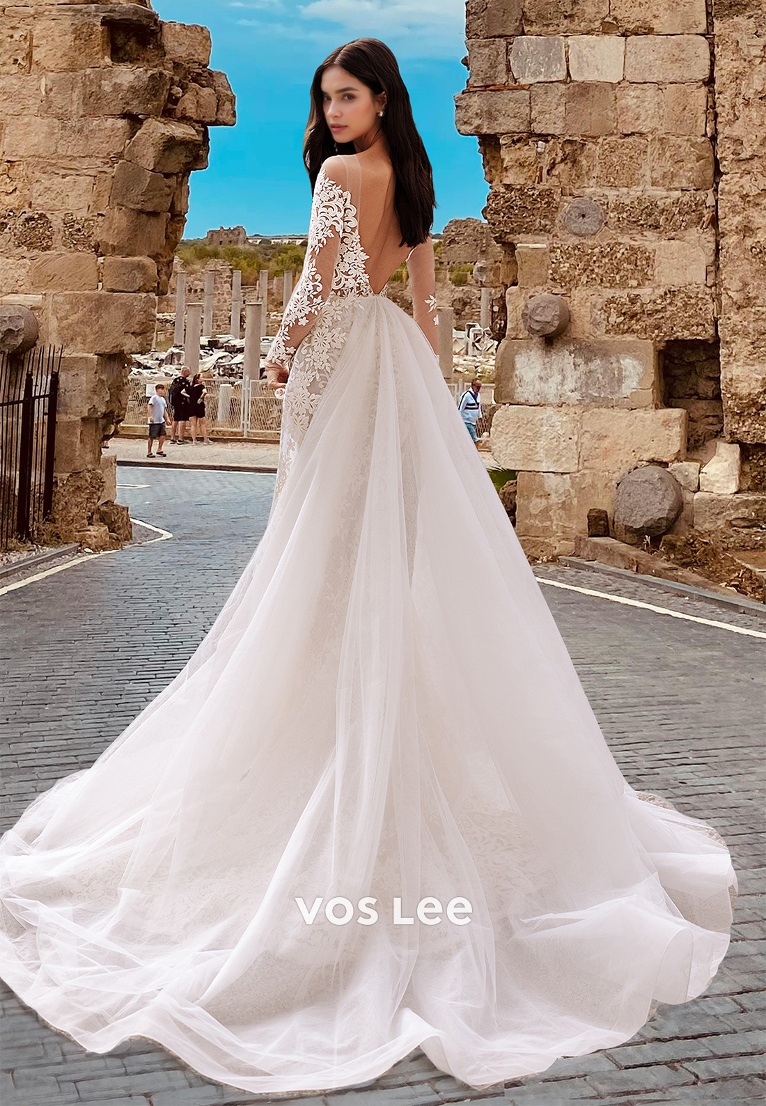 Vintage Mermaid/Trumpet Square Neck Long Sleeves Ruched Lace Wedding Dress