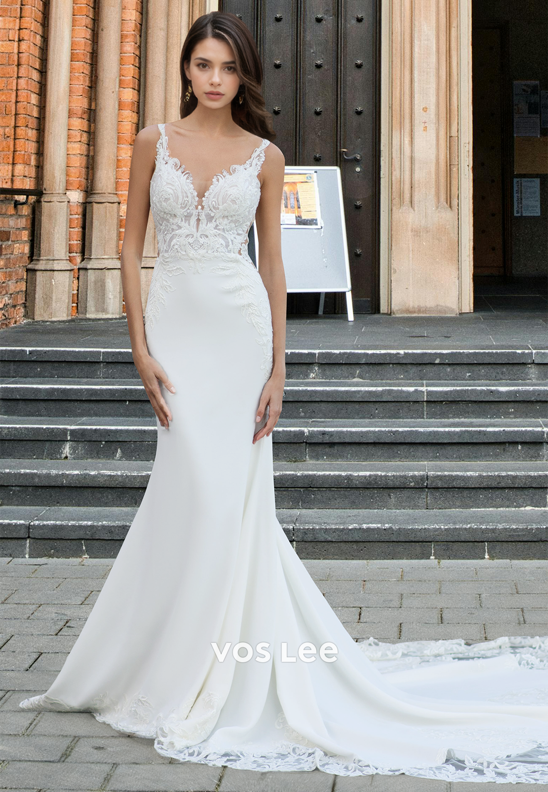 Unique Mermaid/Trumpet V Neck Backless Court Train Lace Wedding Gown