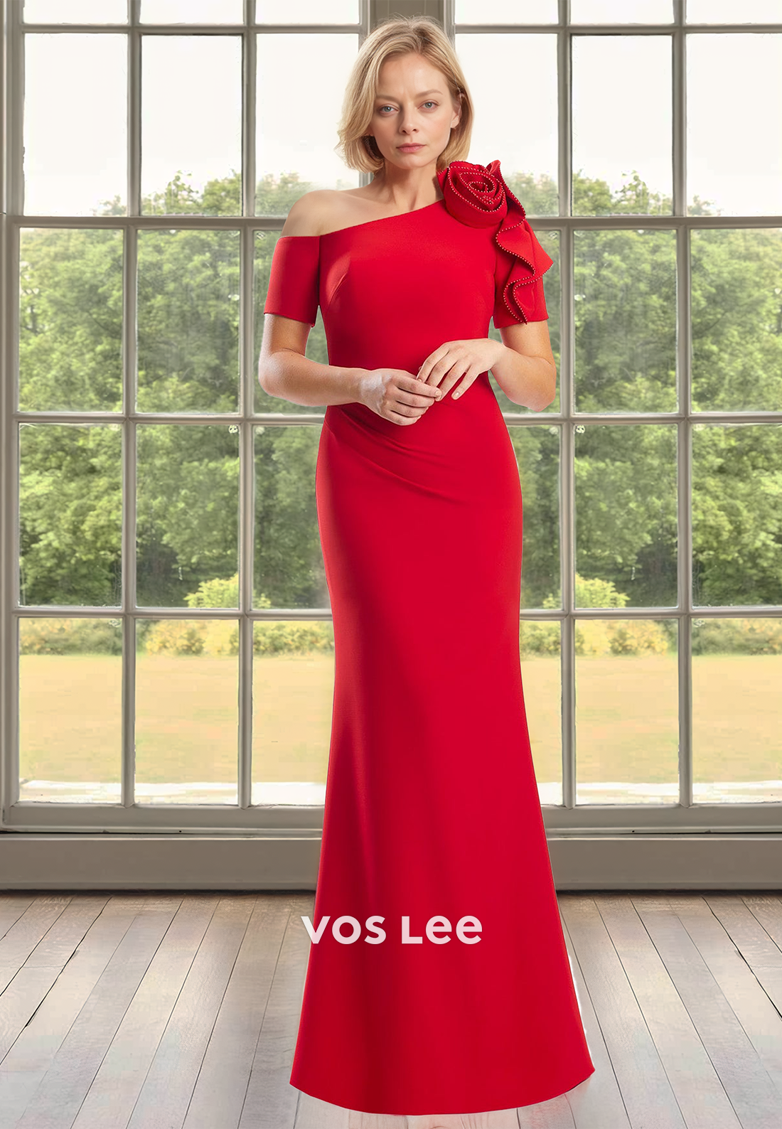 Simple Sheath One Shoulder 3D Floral Short Sleeves Long Satin Mother of the Party Dress