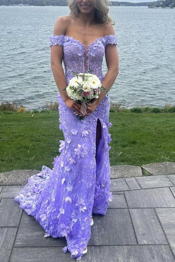 Gorgeous Off-Shoulder V-Neck Lace Appliques Mermaid Prom Dress Slit Birthday Evening Gown Y7934 - View 2 | VelvetHem