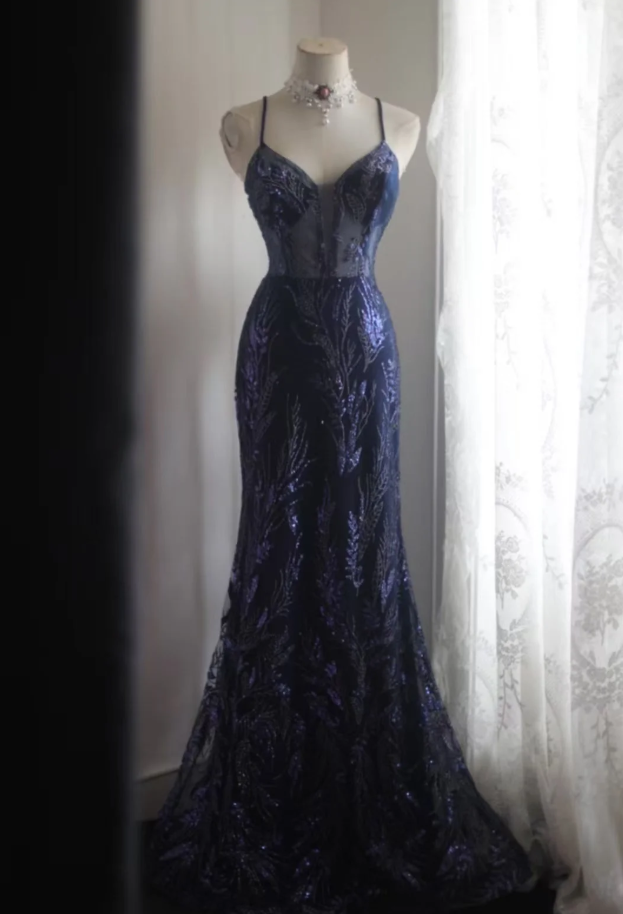 Luxurious Spaghetti Straps Tulle Sequin Mermaid Long Party Dress Navy Blue Evening Dress