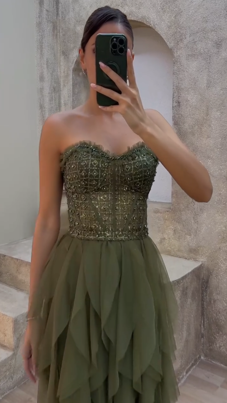 Gorgeous Green Tulle Beaded Long A Line Evening Dress Strapless Prom Dress Y8197 - View 2 | VelvetHem