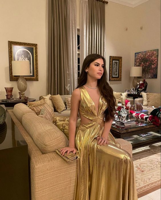 Fashion Gold Deep V Neck Long A Line Prom Evening Dress Y7943 - VelvetHem