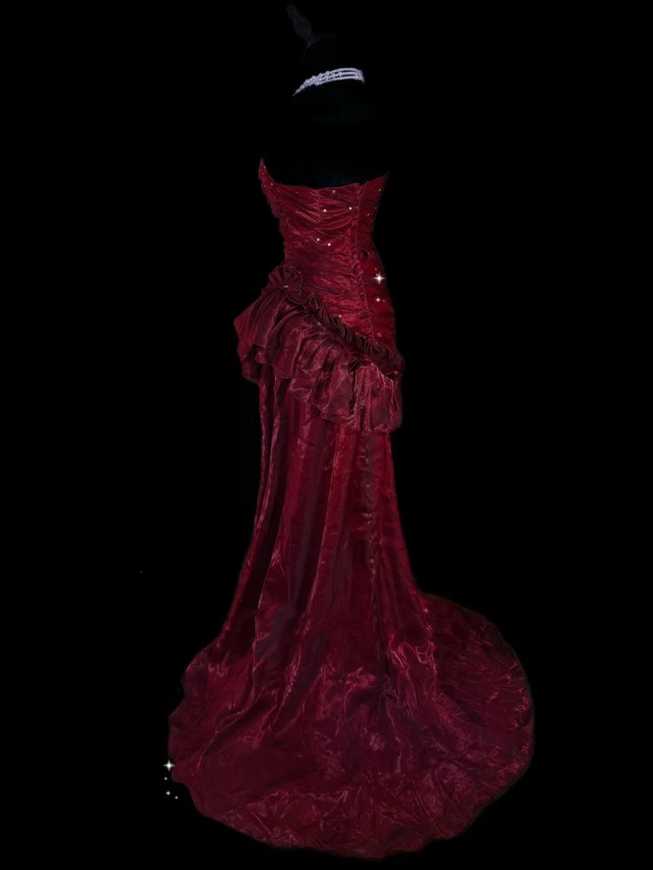 Elegant Burgundy Strapless Satin Pleated Ruffle Mermaid Evening Dress Long Prom Gown