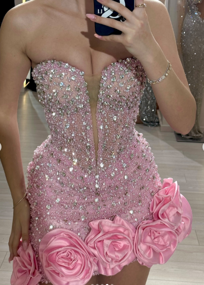 Beautiful Pink Strapless Tulle Beaded Rose Flowers Homecoming Dress Sexy Cocktail Dress - FashionDia