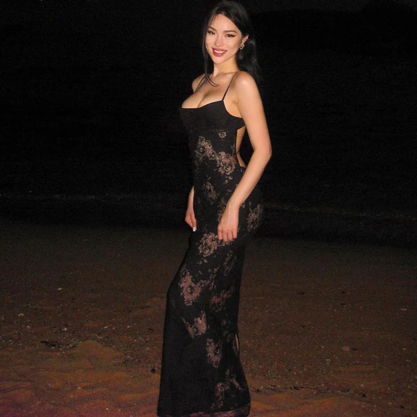 Sexy Black Mermaid Lace Slit Long Prom Dress Spaghetti Strap See-through Evening Dress