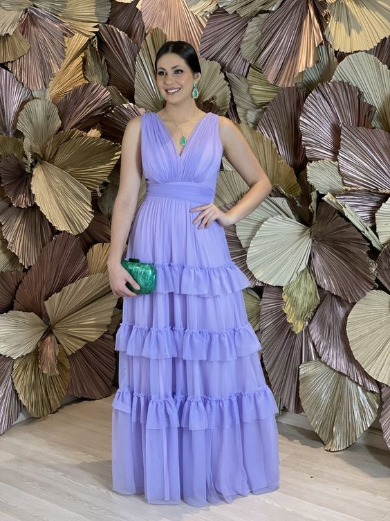 Lavender A-line V Neck Evening Dress Wedding Guest Dress Y5283 - VelvetHem