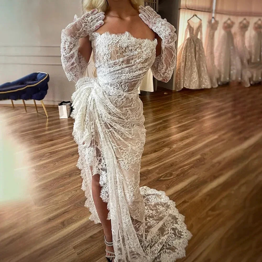 Sheath Strapless Bridal Gown Lace Mermaid Ruched Lace High Low Thigh Split Custom Made Wedding Dress (ZD13653)