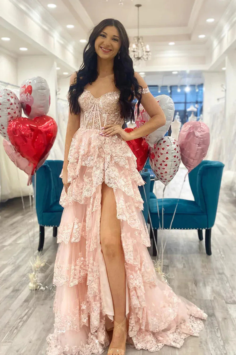 Sparkly Hot Pink A-Line Off The Shoulder Long Tiered Prom Dress With  Appliques